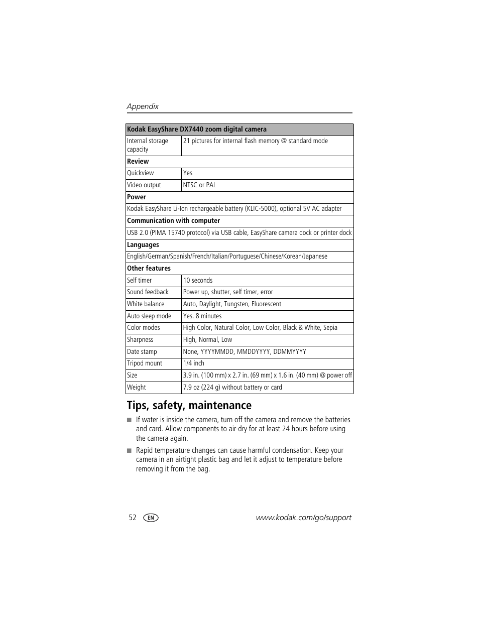 Tips, safety, maintenance | Kodak DX7440 User Manual | Page 58 / 67