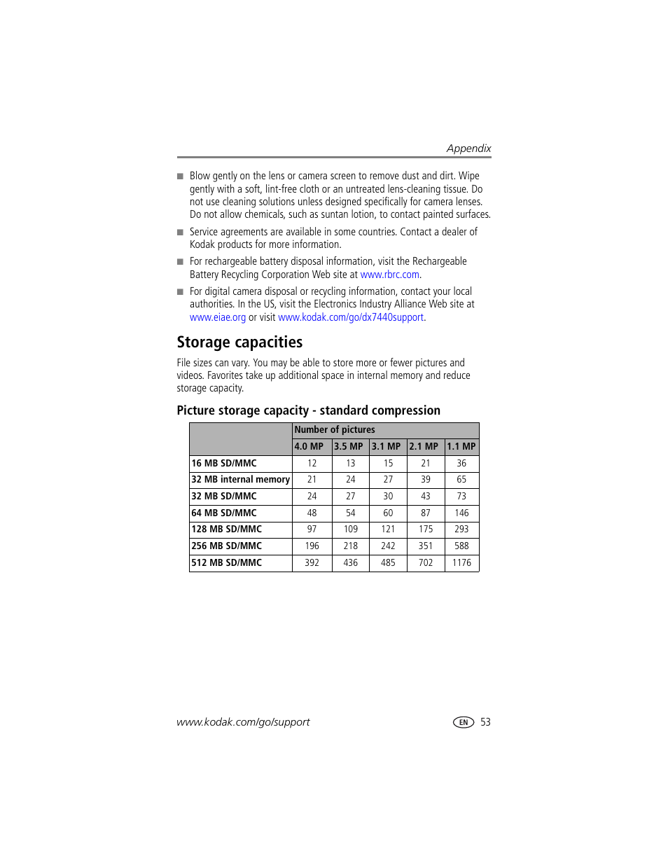 Storage capacities, Picture storage capacity - standard compression | Kodak DX7440 User Manual | Page 59 / 67