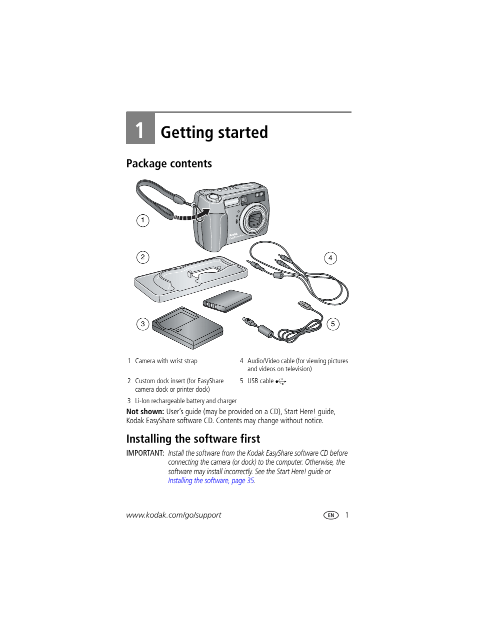 Getting started, Package contents, Installing the software first | 1 getting started, Package contents installing the software first | Kodak DX7440 User Manual | Page 7 / 67