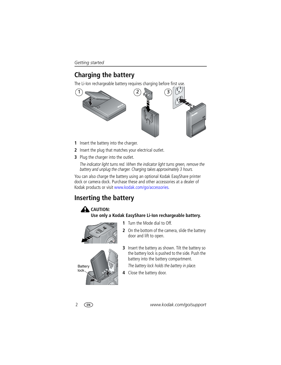 Charging the battery, Inserting the battery, Charging the battery inserting the battery | Kodak DX7440 User Manual | Page 8 / 67