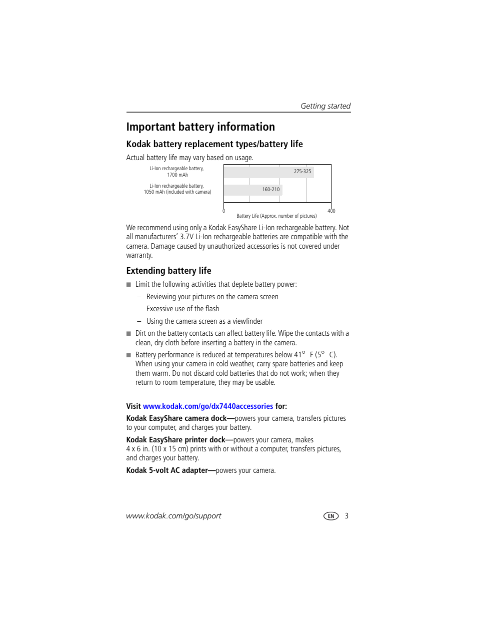 Important battery information, Kodak battery replacement types/battery life, Extending battery life | Kodak DX7440 User Manual | Page 9 / 67