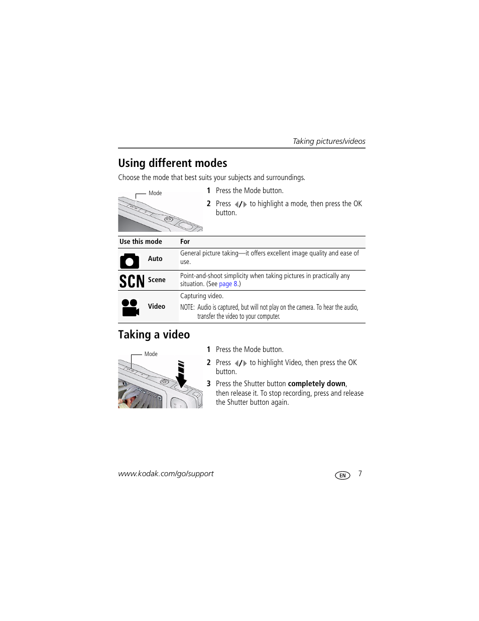 Taking a video, Using different modes taking a video, Using different modes | Kodak DIGITALCAMERA C610 User Manual | Page 13 / 55