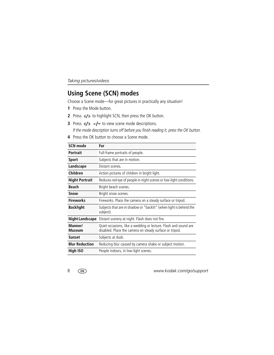 Using scene (scn) modes | Kodak DIGITALCAMERA C610 User Manual | Page 14 / 55