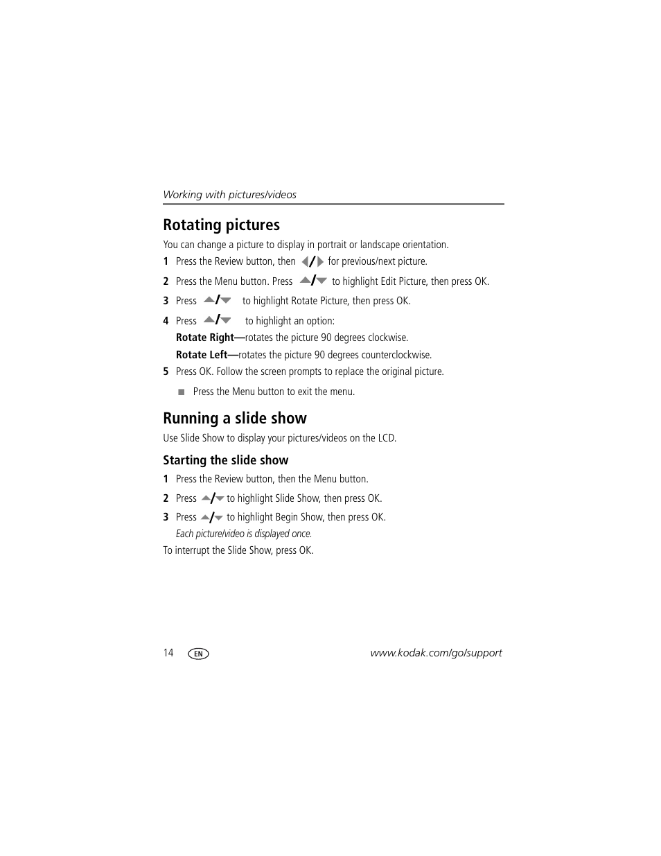 Rotating pictures, Running a slide show, Starting the slide show | Rotating pictures running a slide show | Kodak DIGITALCAMERA C610 User Manual | Page 20 / 55