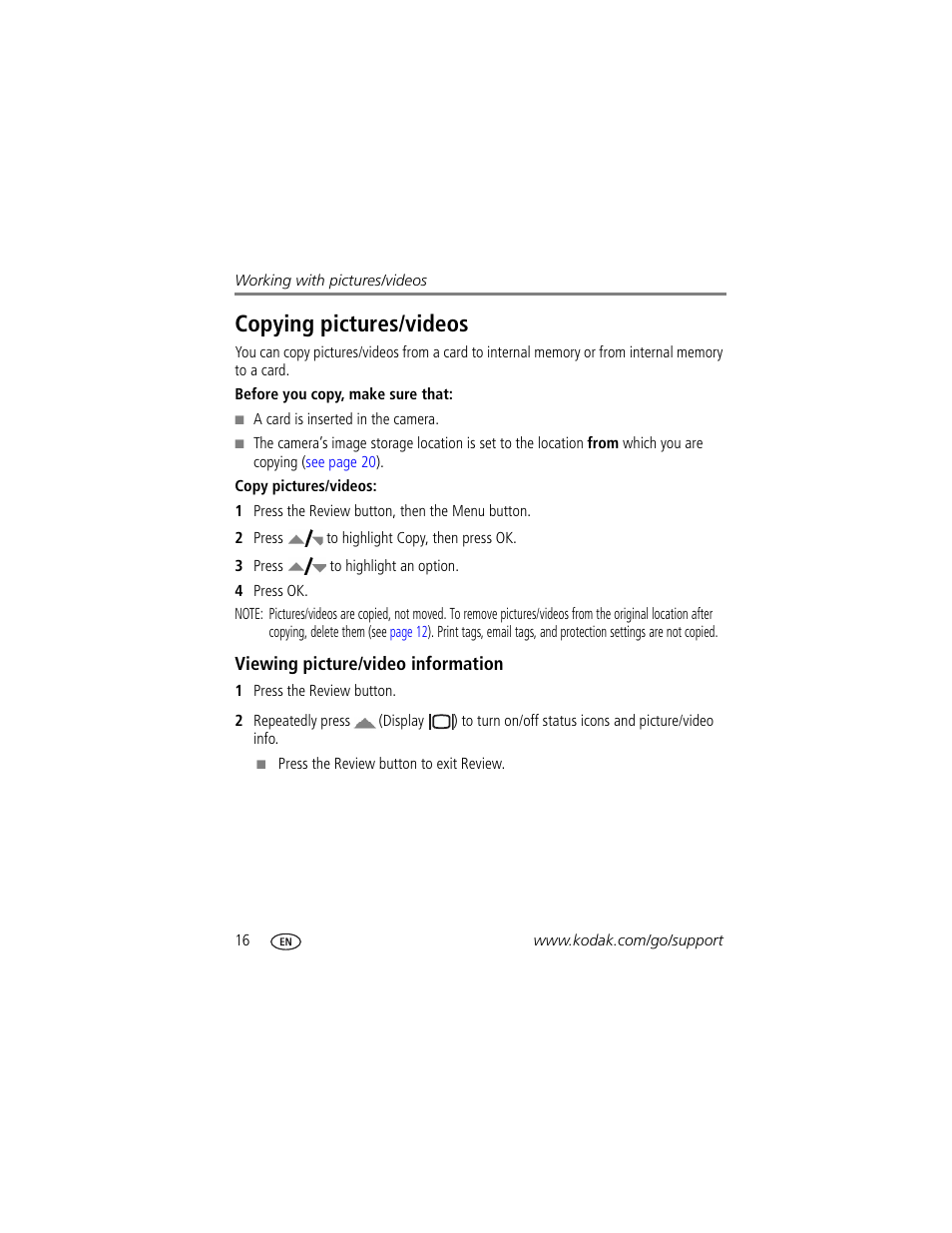 Viewing picture/video information, Copying pictures/videos | Kodak DIGITALCAMERA C610 User Manual | Page 22 / 55