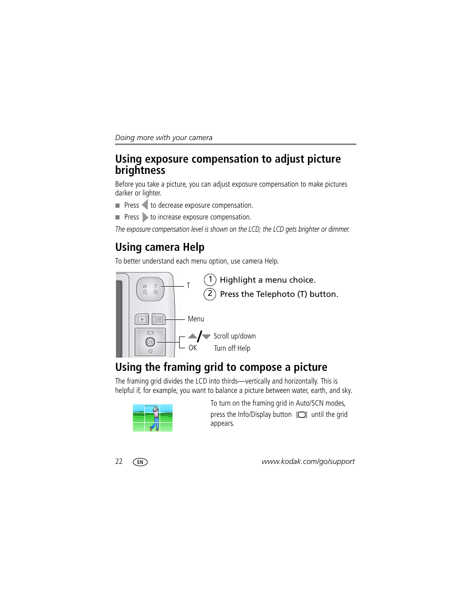 Using camera help, Using the framing grid to compose a picture | Kodak DIGITALCAMERA C610 User Manual | Page 28 / 55