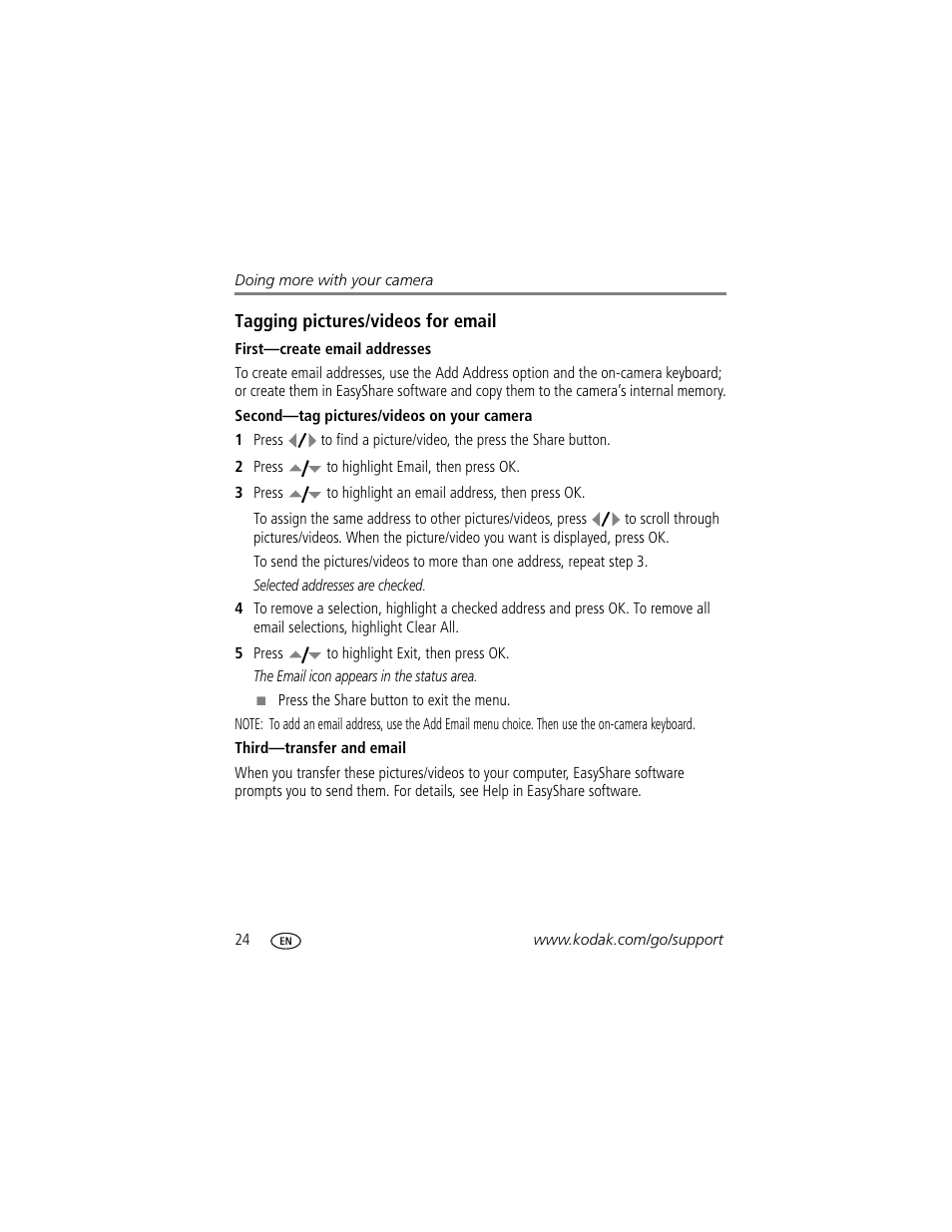 First-create email addresses, Second-tag pictures/videos on your camera, Third-transfer and email | Kodak DIGITALCAMERA C610 User Manual | Page 30 / 55