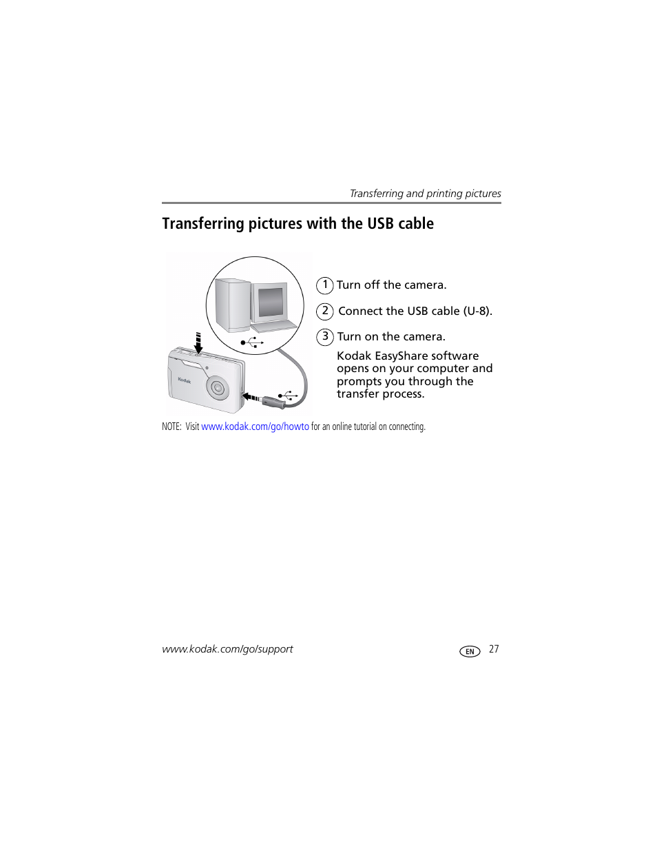 Transferring pictures with the usb cable | Kodak DIGITALCAMERA C610 User Manual | Page 33 / 55