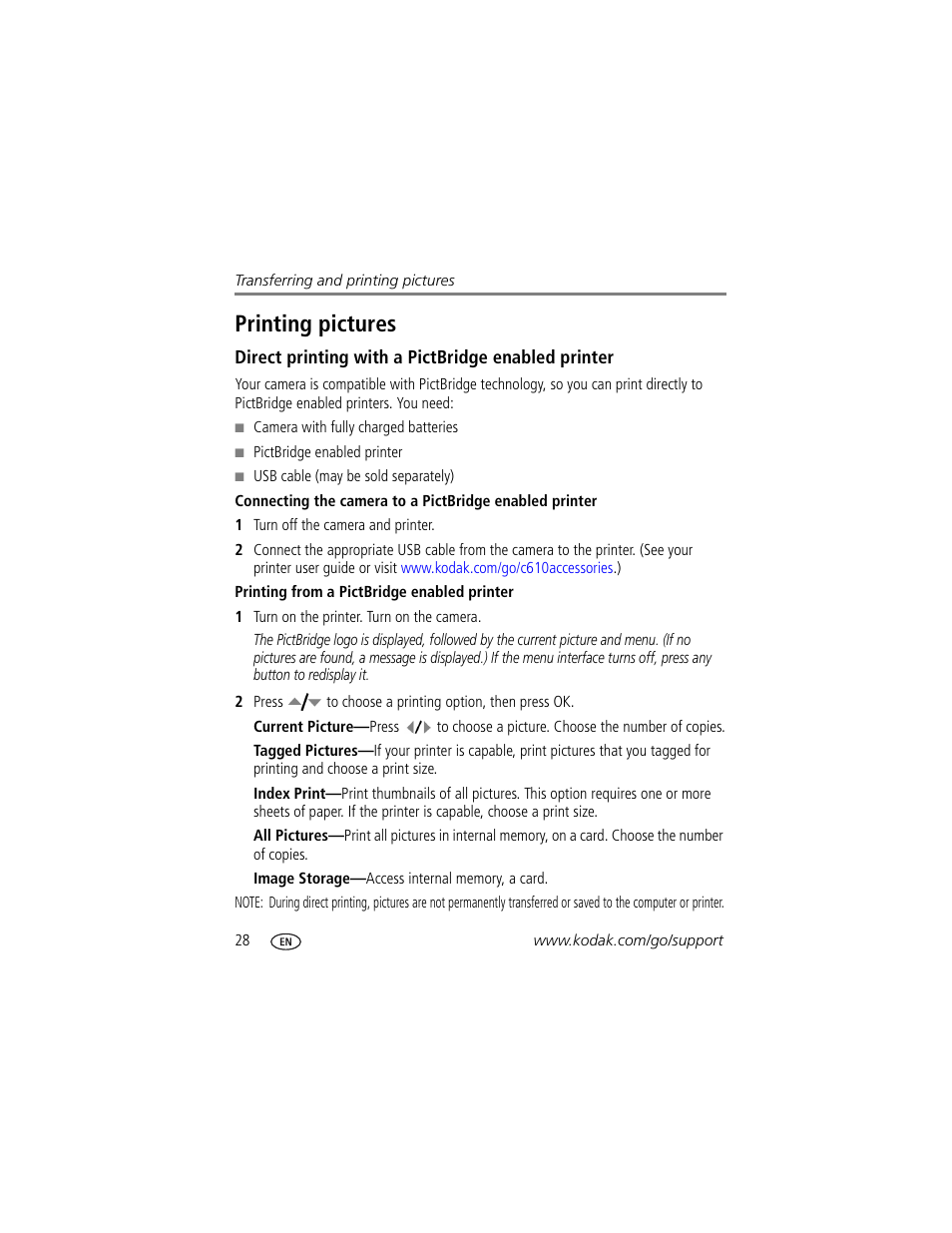 Direct printing with a pictbridge enabled printer, Printing from a pictbridge enabled printer, Printing pictures | Kodak DIGITALCAMERA C610 User Manual | Page 34 / 55