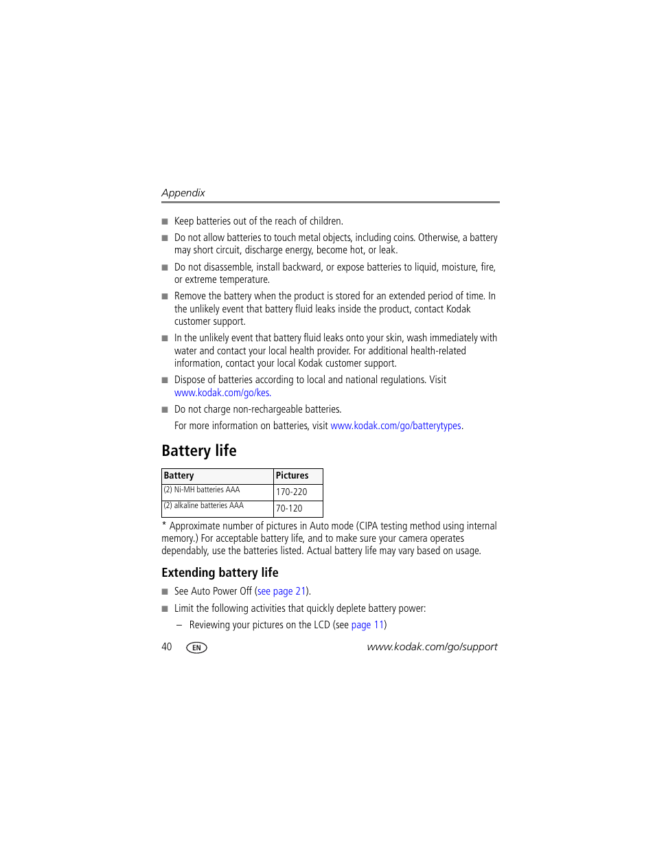 Battery life, Extending battery life | Kodak DIGITALCAMERA C610 User Manual | Page 46 / 55