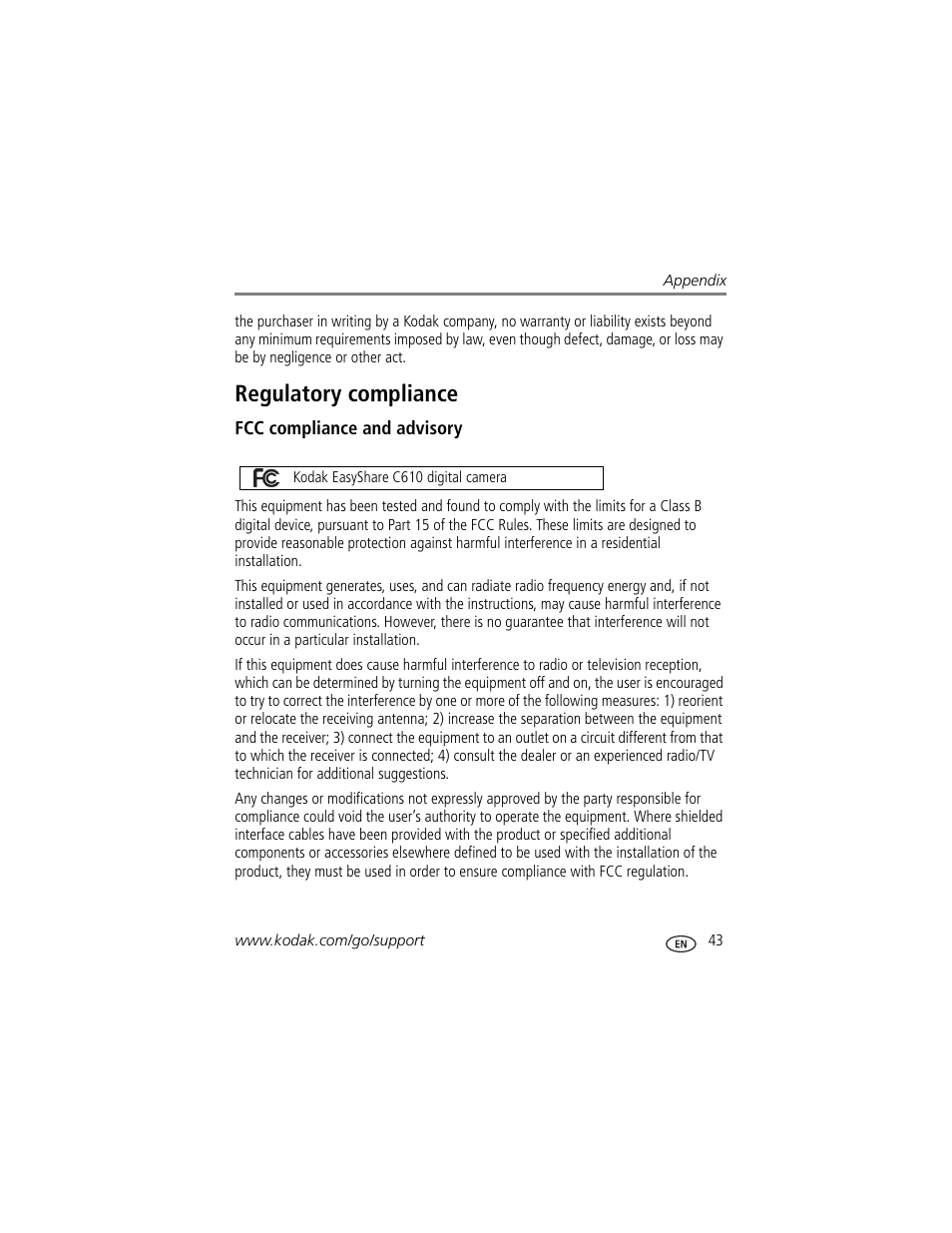 Regulatory compliance, Fcc compliance and advisory | Kodak DIGITALCAMERA C610 User Manual | Page 49 / 55