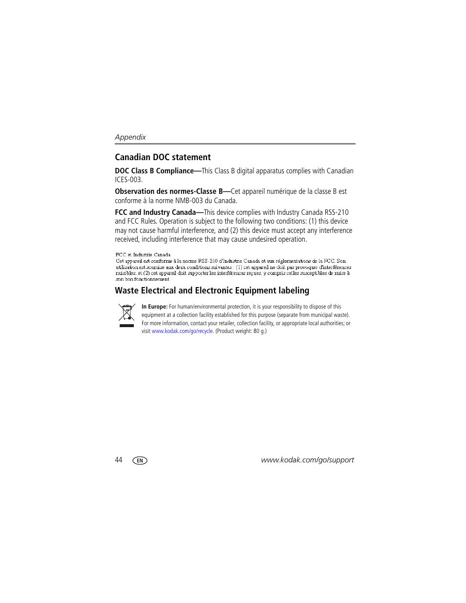 Canadian doc statement, Waste electrical and electronic equipment labeling | Kodak DIGITALCAMERA C610 User Manual | Page 50 / 55