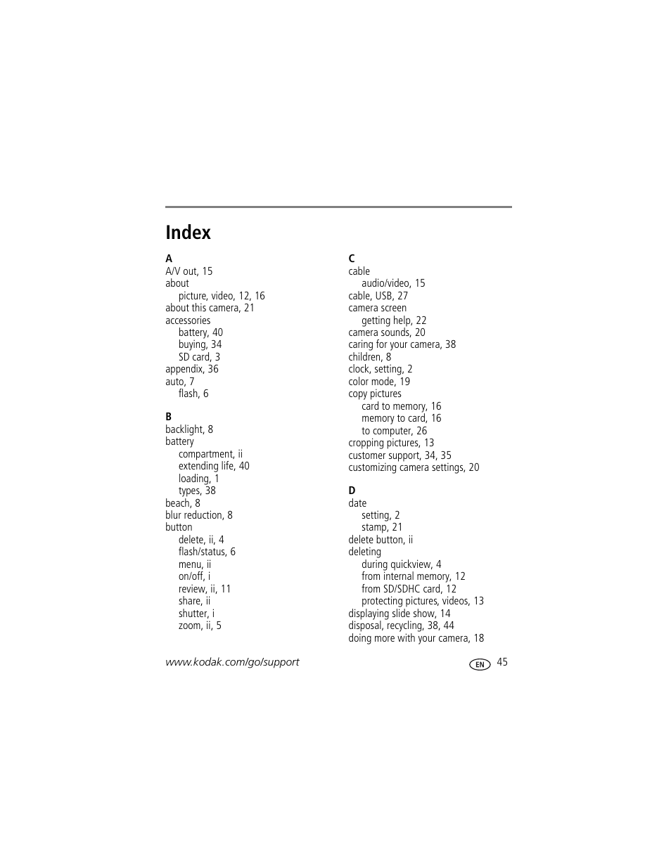 Index | Kodak DIGITALCAMERA C610 User Manual | Page 51 / 55