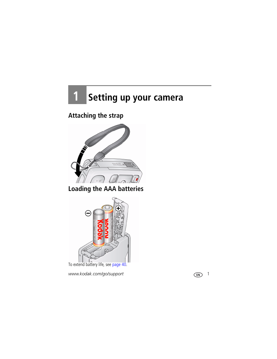 Setting up your camera, Attaching the strap, Loading the aaa batteries | 1 setting up your camera, Attaching the strap loading the aaa batteries | Kodak DIGITALCAMERA C610 User Manual | Page 7 / 55