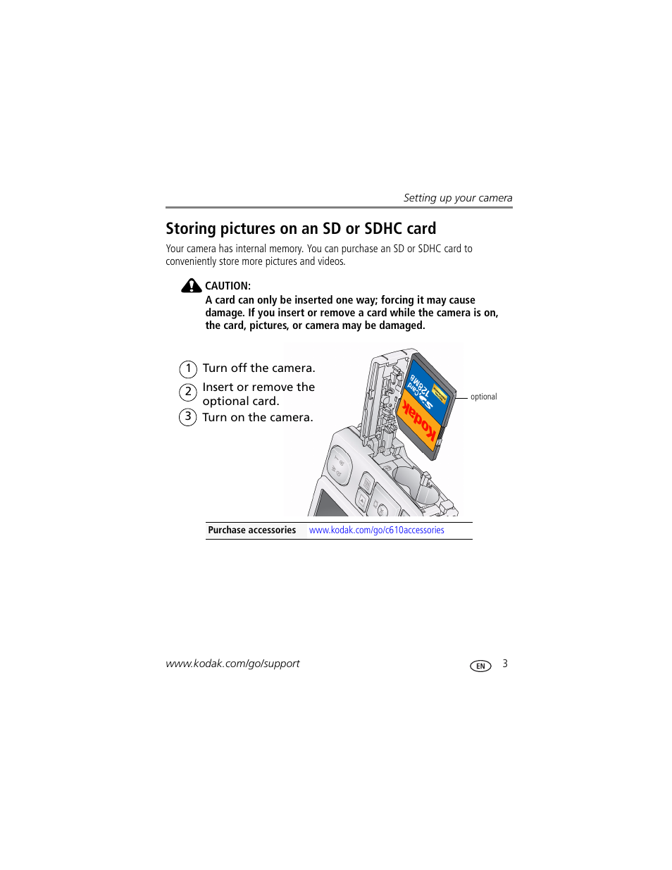 Storing pictures on an sd or sdhc card | Kodak DIGITALCAMERA C610 User Manual | Page 9 / 55