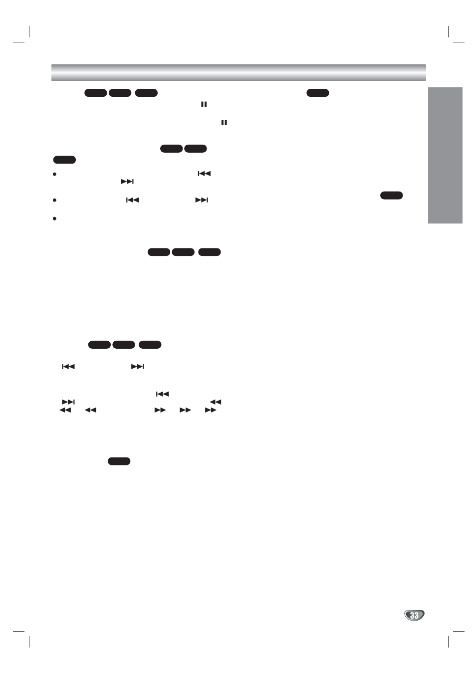 Audio cd or mp3/wma disc operation (continued), Opera tion, Pause | Moving to another track, Repeat track/all/off, Search, Repeat a-b, 3d surround, Changing the audio channel | Kodak XBS444 User Manual | Page 33 / 48