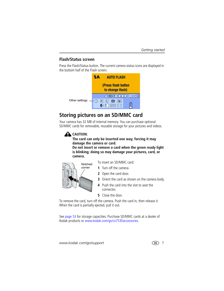 Flash/status screen, Storing pictures on an sd/mmc card | Kodak CX7530 User Manual | Page 13 / 66