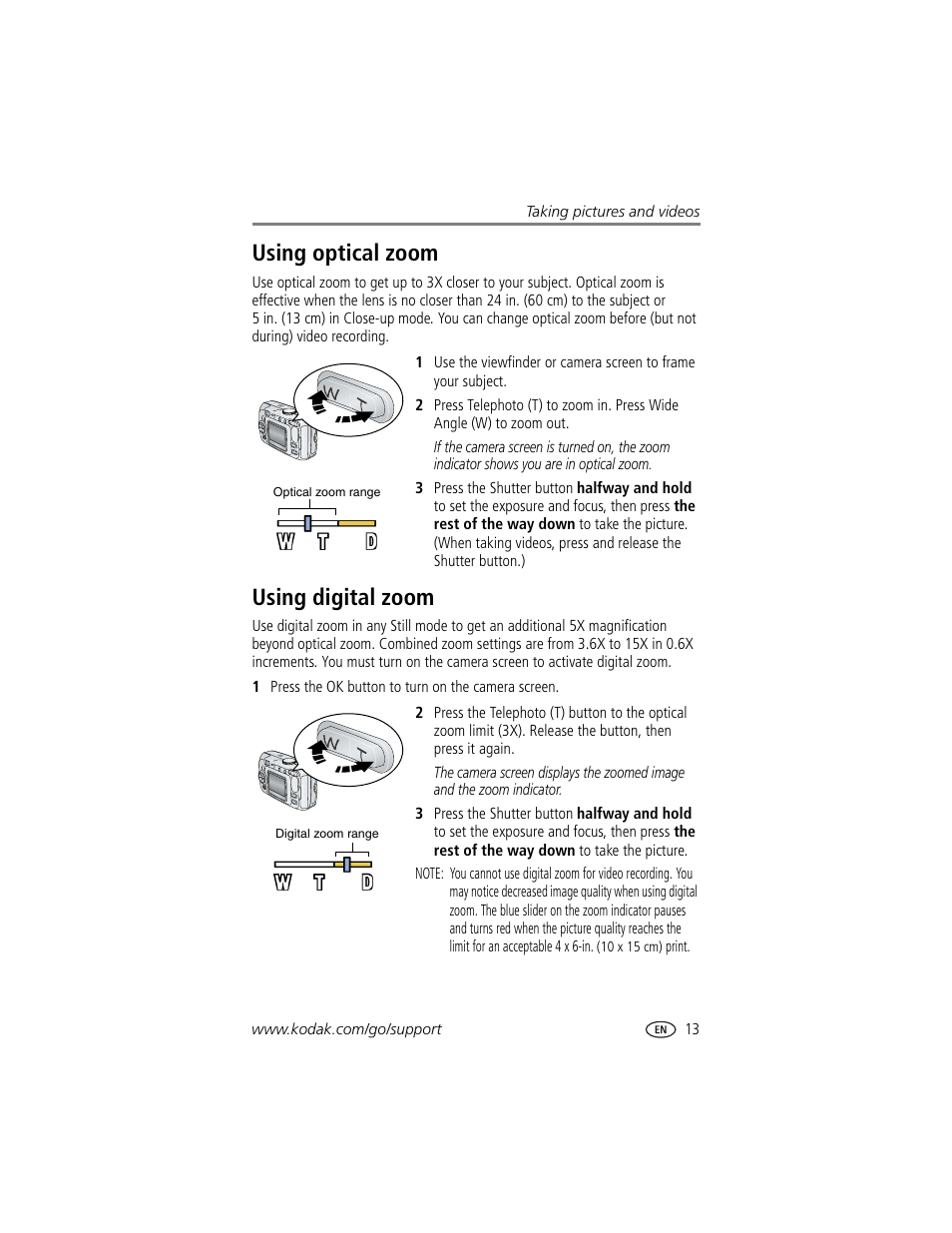 Using optical zoom, Using digital zoom, Using optical zoom using digital zoom | Kodak CX7530 User Manual | Page 19 / 66