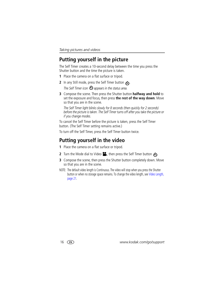 Putting yourself in the picture, Putting yourself in the video | Kodak CX7530 User Manual | Page 22 / 66