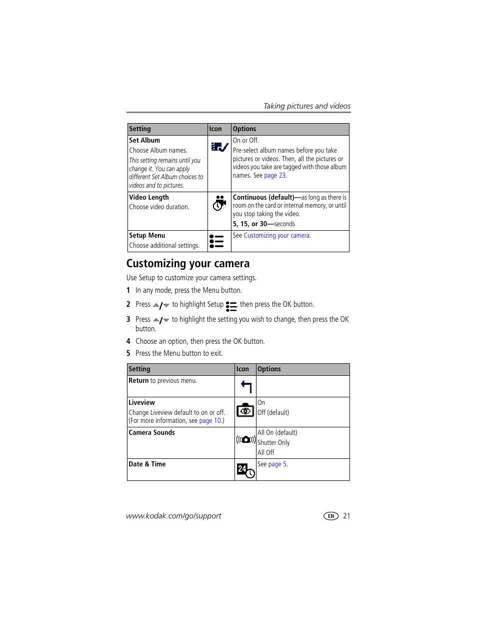 Customizing your camera, Liveview | Kodak CX7530 User Manual | Page 27 / 66