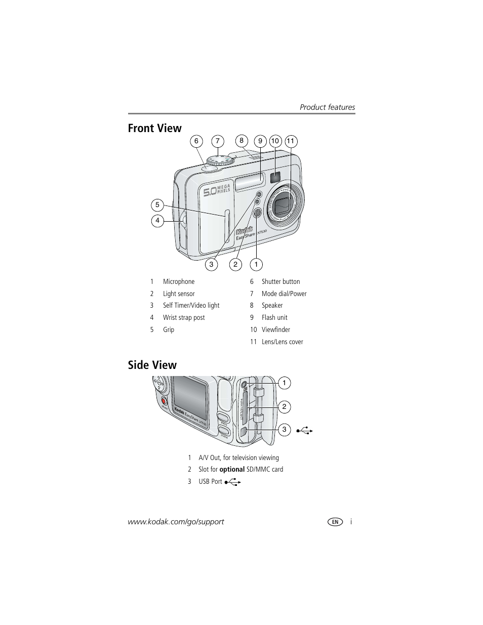 Product features, Front view side view | Kodak CX7530 User Manual | Page 3 / 66