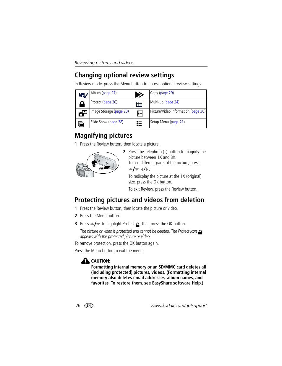 Changing optional review settings, Magnifying pictures, Protecting pictures and videos from deletion | Kodak CX7530 User Manual | Page 32 / 66