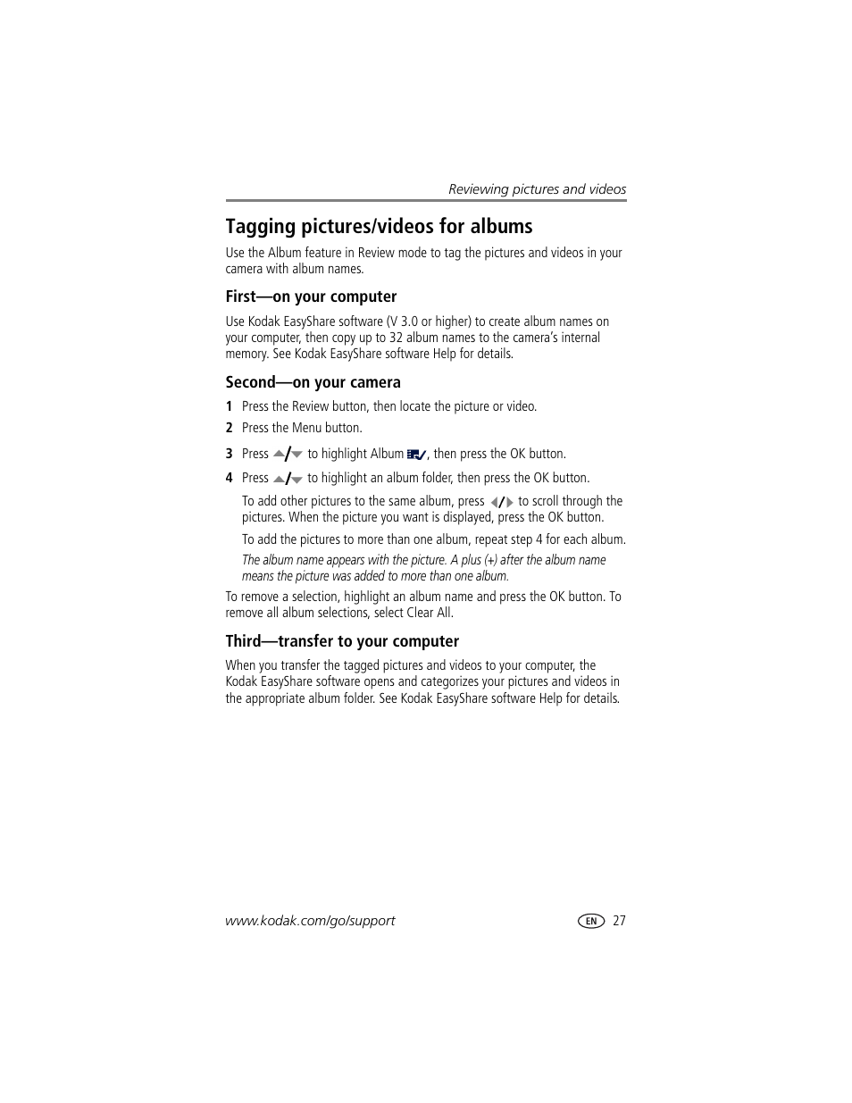 Tagging pictures/videos for albums, First-on your computer, Second-on your camera | Third-transfer to your computer | Kodak CX7530 User Manual | Page 33 / 66