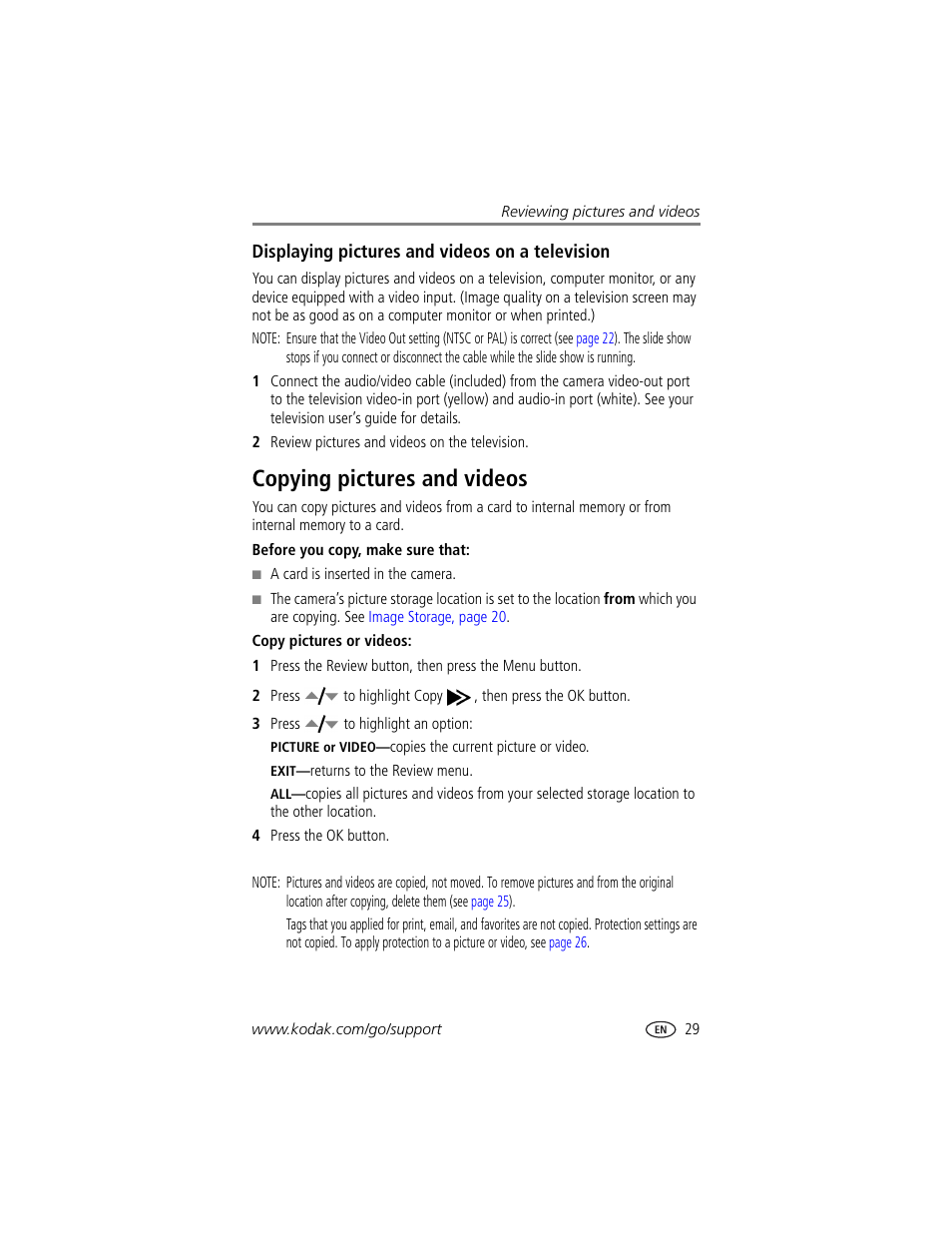 Displaying pictures and videos on a television, Copying pictures and videos | Kodak CX7530 User Manual | Page 35 / 66