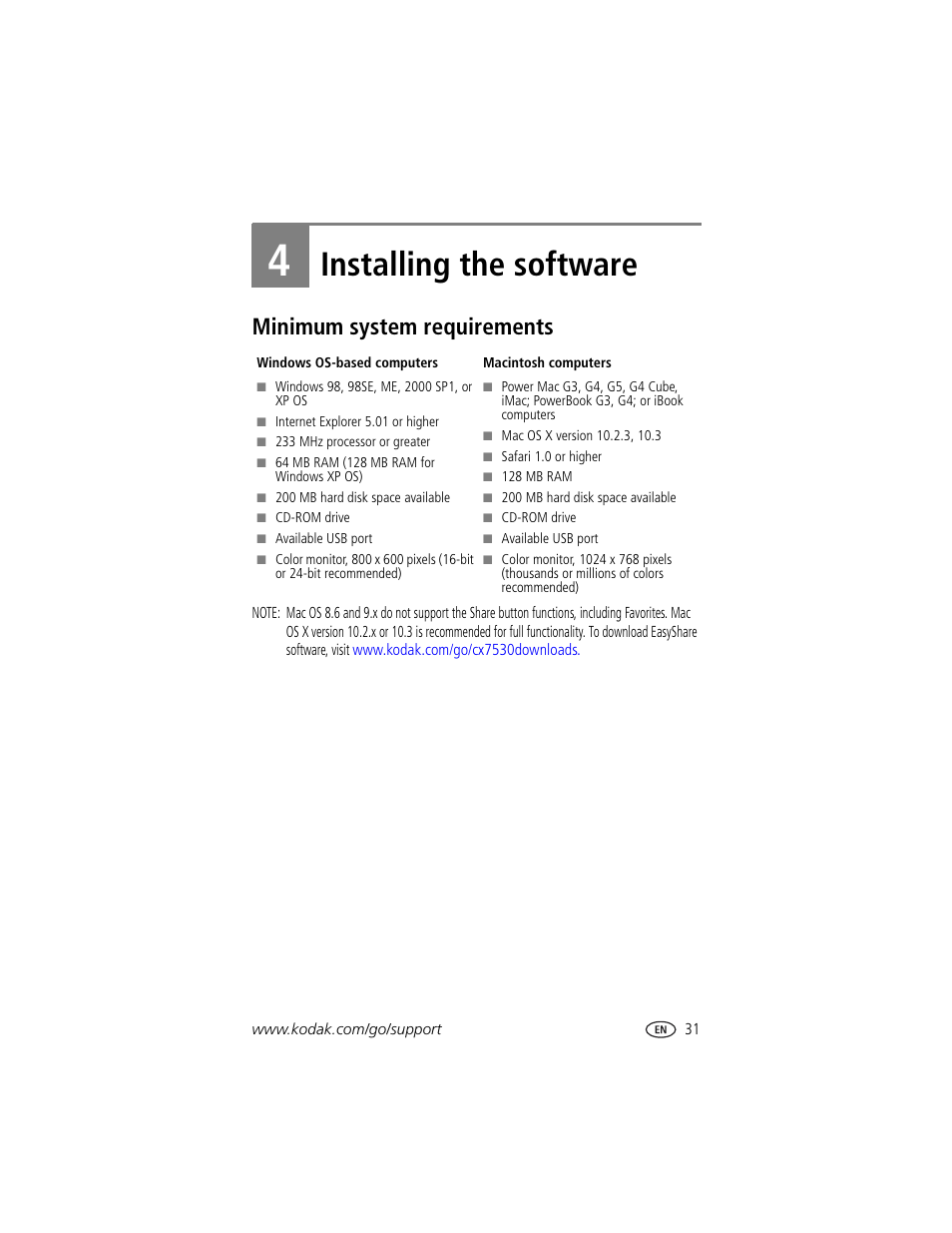 Installing the software, Minimum system requirements, 4 installing the software | Kodak CX7530 User Manual | Page 37 / 66