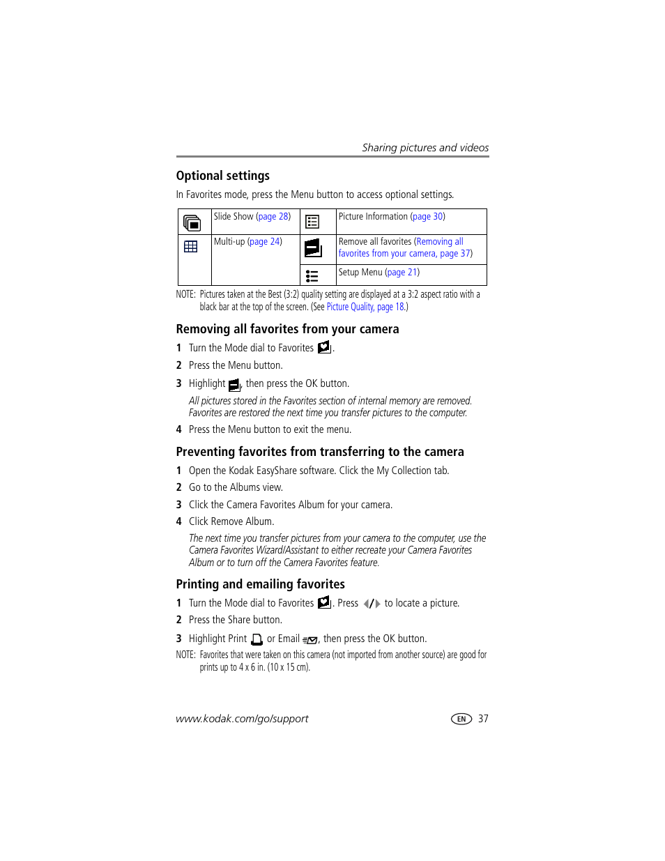 Optional settings, Removing all favorites from your camera, Printing and emailing favorites | Kodak CX7530 User Manual | Page 43 / 66