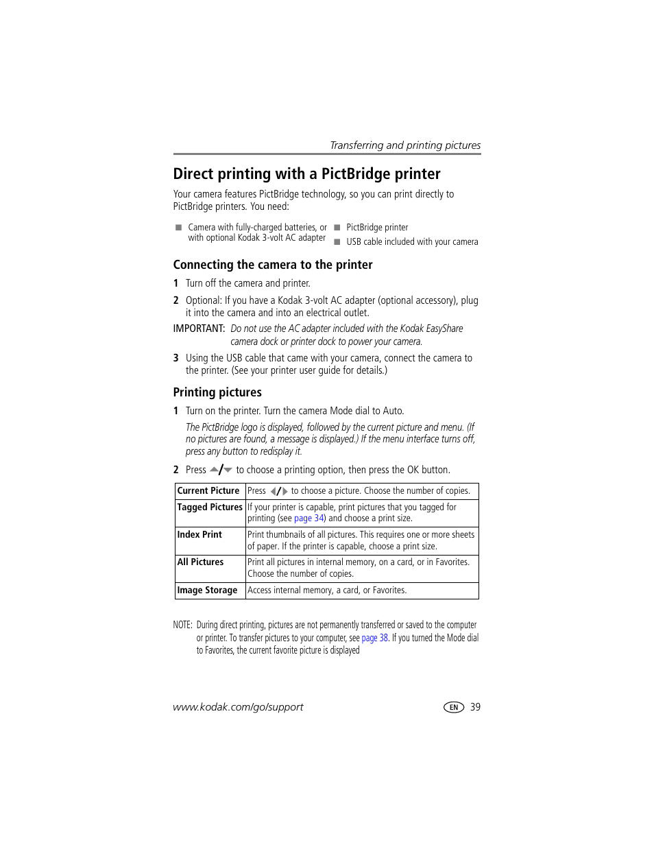 Direct printing with a pictbridge printer, Connecting the camera to the printer, Printing pictures | Kodak CX7530 User Manual | Page 45 / 66