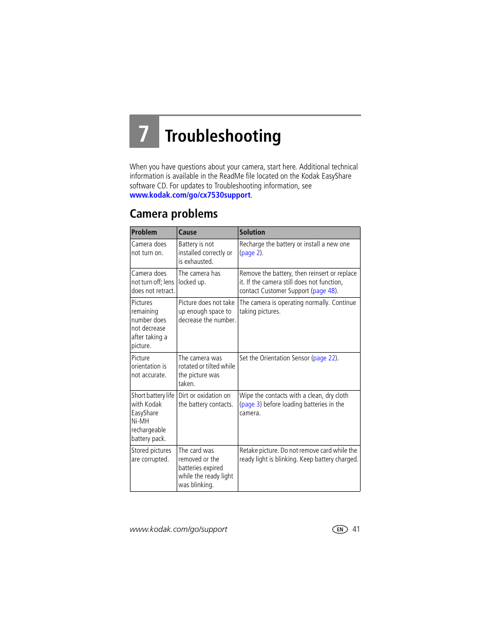 Troubleshooting, Camera problems, 7 troubleshooting | Kodak CX7530 User Manual | Page 47 / 66