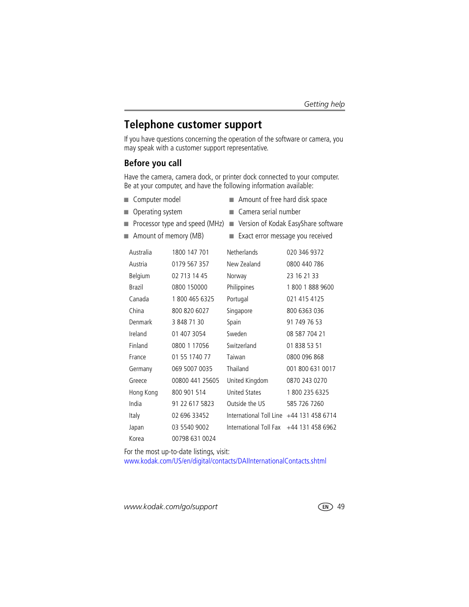 Telephone customer support, Before you call | Kodak CX7530 User Manual | Page 55 / 66