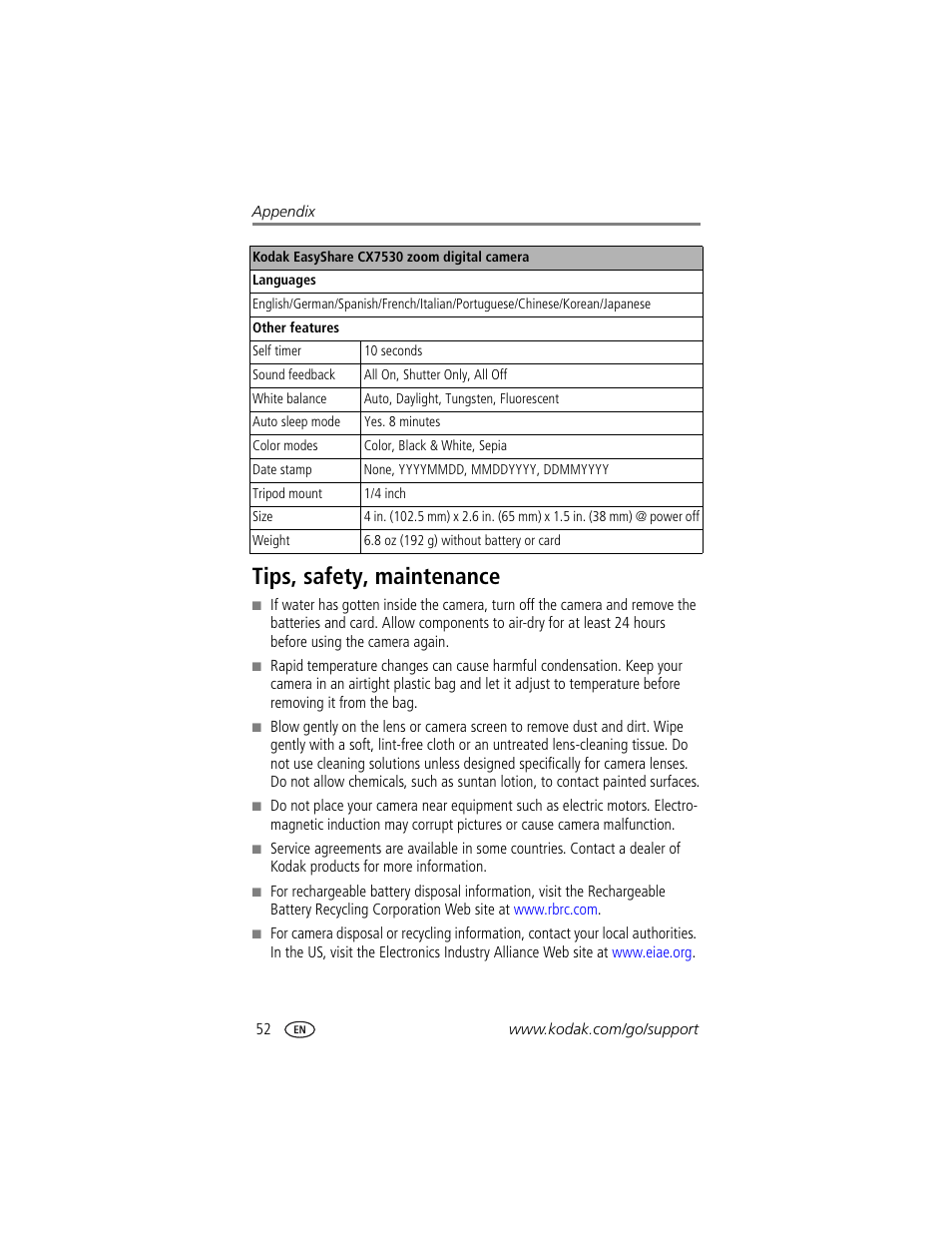 Tips, safety, maintenance, The lens | Kodak CX7530 User Manual | Page 58 / 66