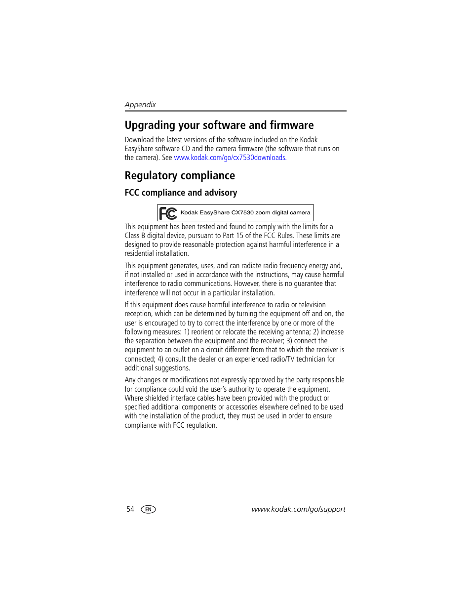 Upgrading your software and firmware, Regulatory compliance, Fcc compliance and advisory | Kodak CX7530 User Manual | Page 60 / 66
