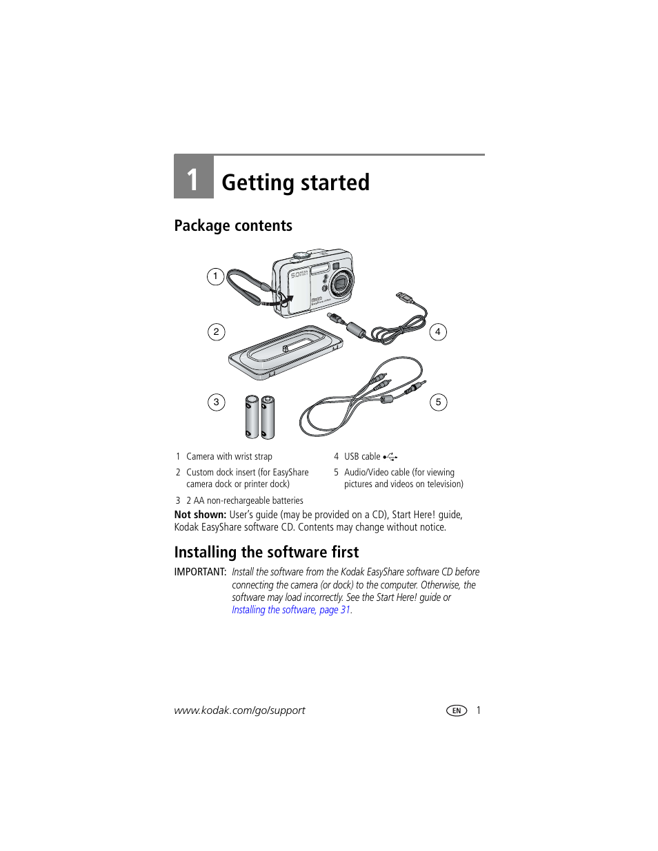 Getting started, Package contents, Installing the software first | 1 getting started, Package contents installing the software first | Kodak CX7530 User Manual | Page 7 / 66
