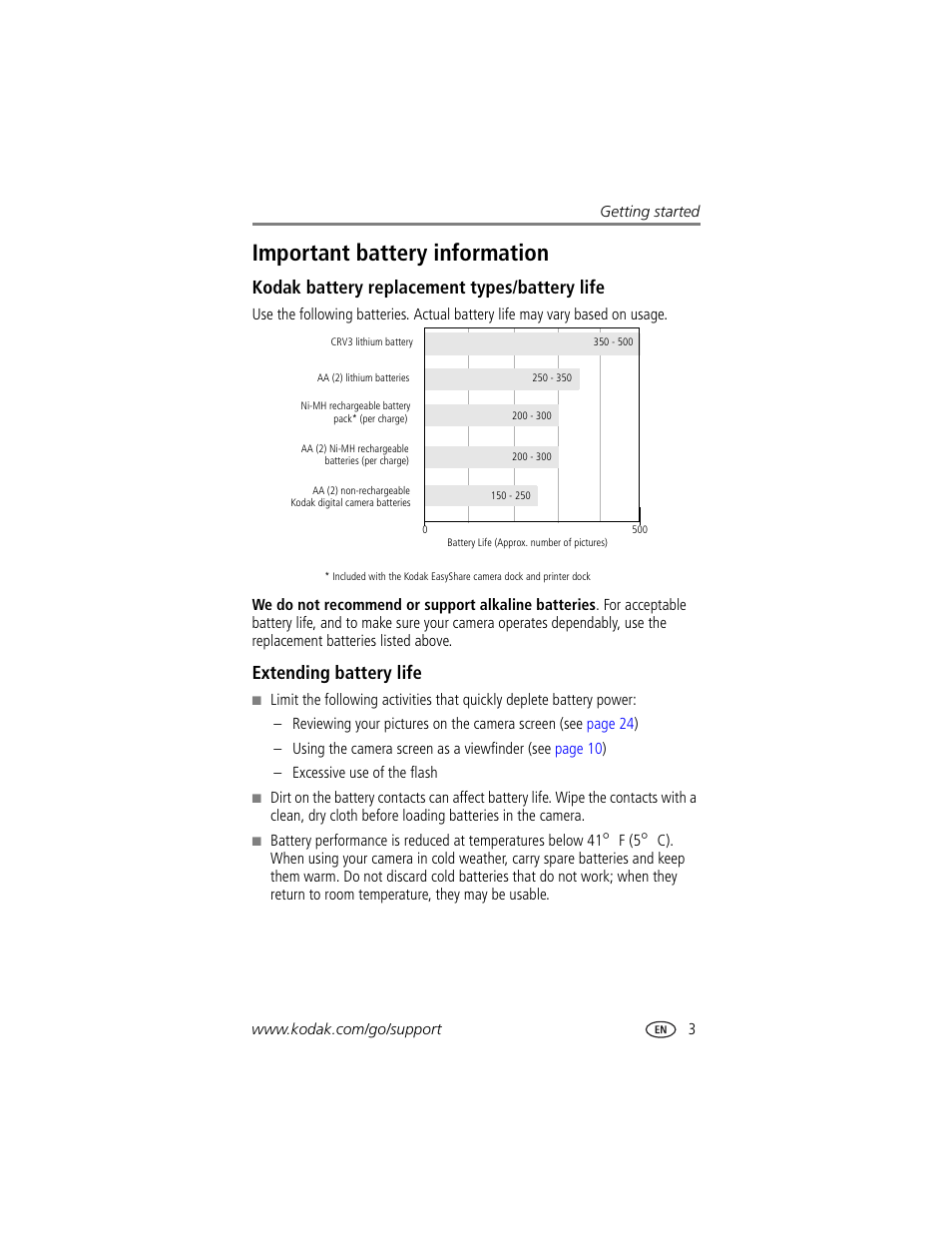 Important battery information, Kodak battery replacement types/battery life, Extending battery life | For the other | Kodak CX7530 User Manual | Page 9 / 66