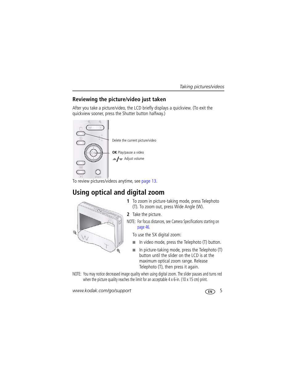Reviewing the picture/video just taken, Using optical and digital zoom | Kodak EASYSHARE C140 User Manual | Page 11 / 66