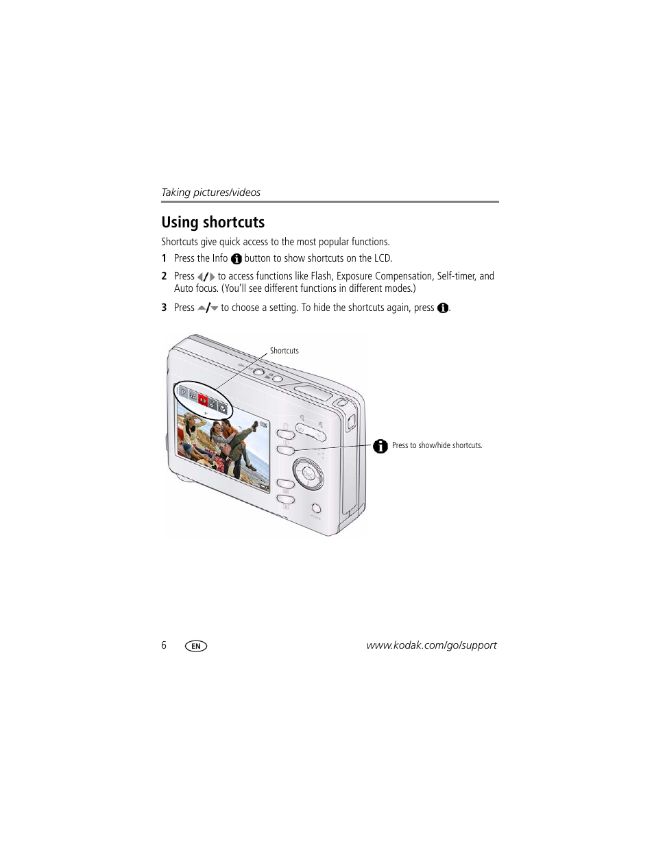 Using shortcuts | Kodak EASYSHARE C140 User Manual | Page 12 / 66