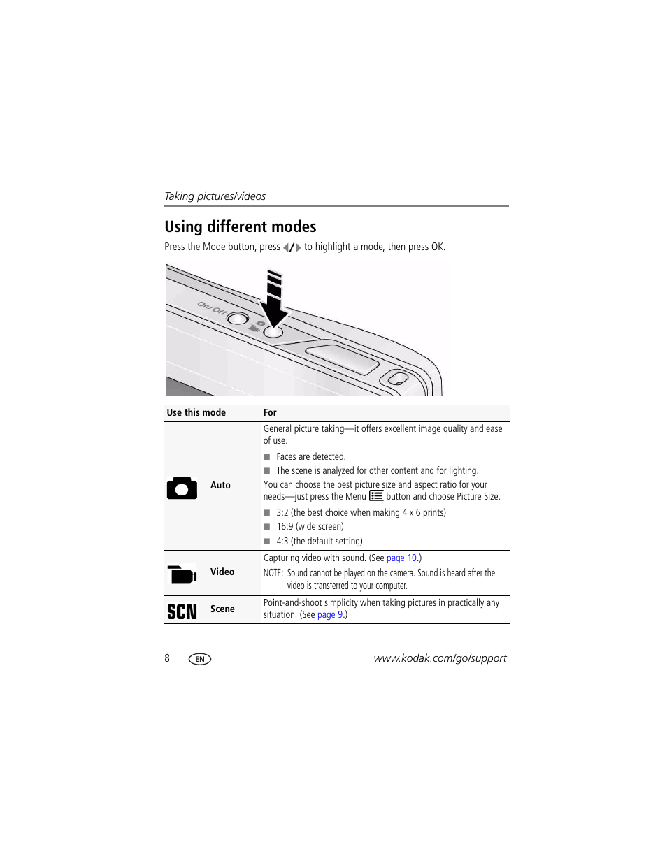 Using different modes | Kodak EASYSHARE C140 User Manual | Page 14 / 66
