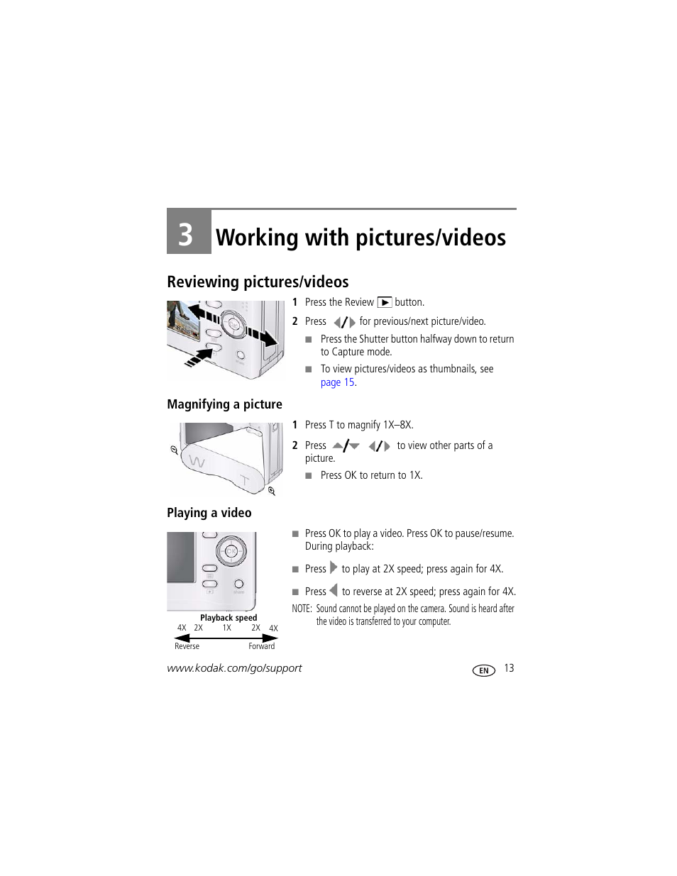 Working with pictures/videos, Reviewing pictures/videos, Magnifying a picture | Playing a video, 3 working with pictures/videos | Kodak EASYSHARE C140 User Manual | Page 19 / 66