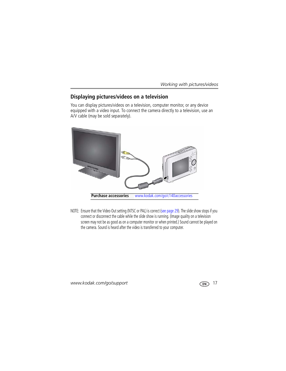 Displaying pictures/videos on a television | Kodak EASYSHARE C140 User Manual | Page 23 / 66