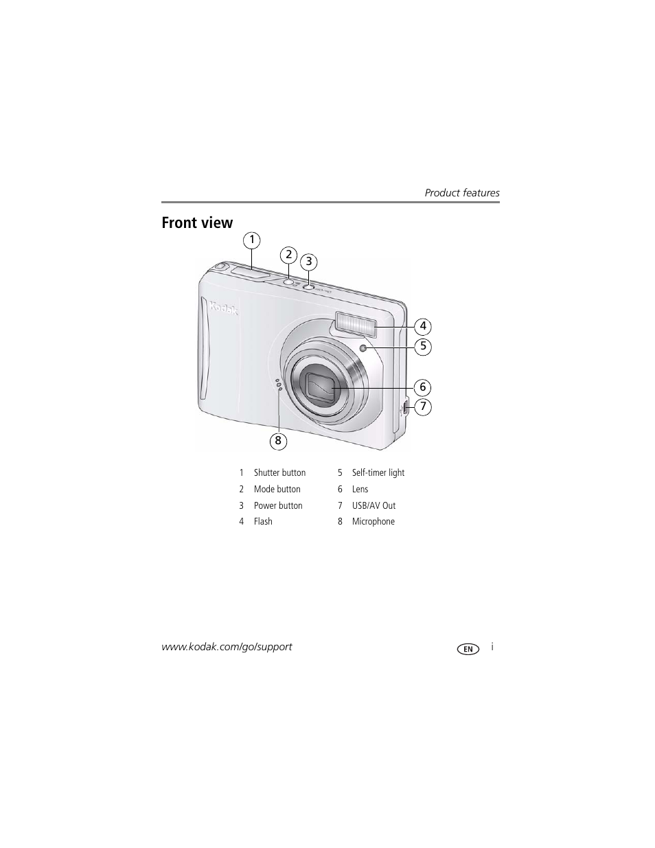 Product features, Front view | Kodak EASYSHARE C140 User Manual | Page 3 / 66