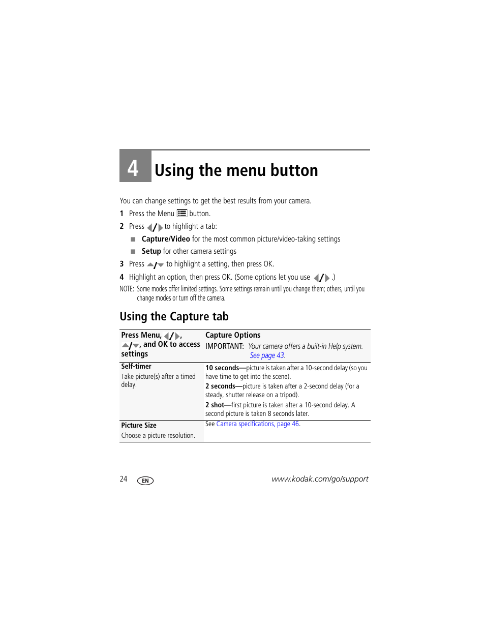 Using the menu button, Using the capture tab, 4 using the menu button | Kodak EASYSHARE C140 User Manual | Page 30 / 66