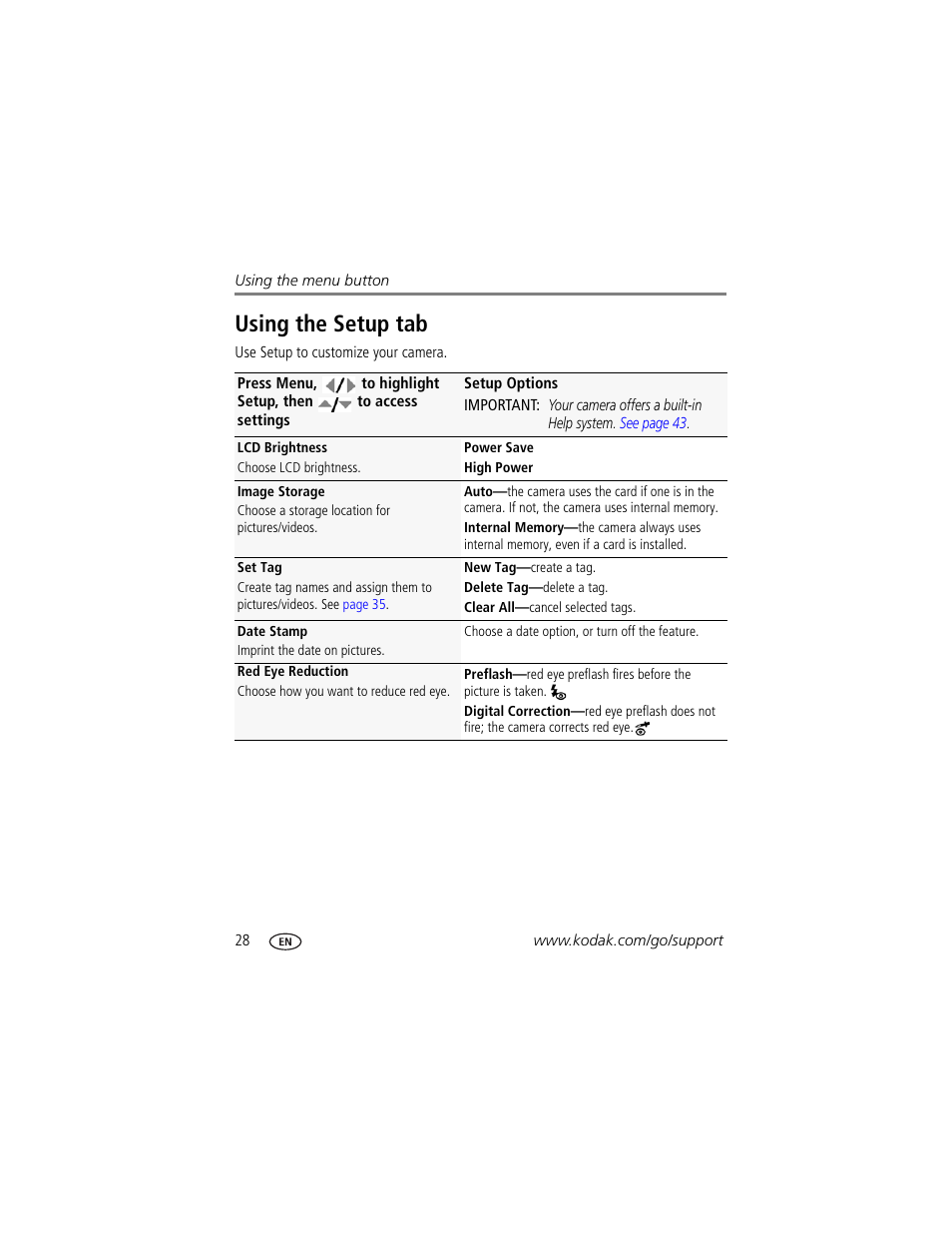 Using the setup tab | Kodak EASYSHARE C140 User Manual | Page 34 / 66