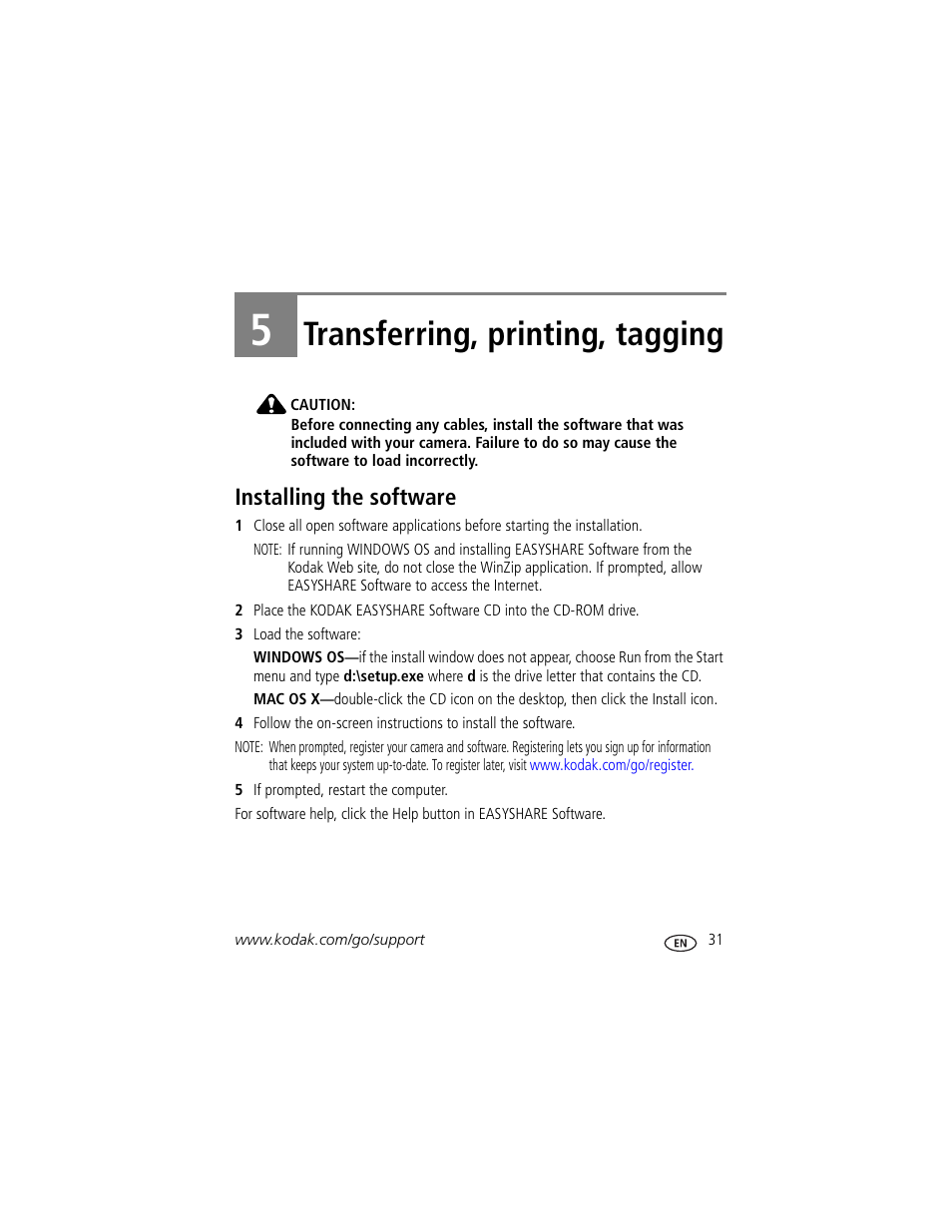 Transferring, printing, tagging, Installing the software, 5 transferring, printing, tagging | Kodak EASYSHARE C140 User Manual | Page 37 / 66