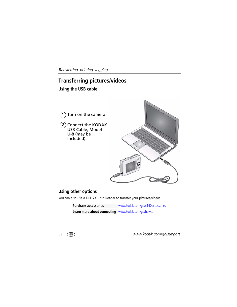 Transferring pictures/videos, Using the usb cable, Using other options | Kodak EASYSHARE C140 User Manual | Page 38 / 66