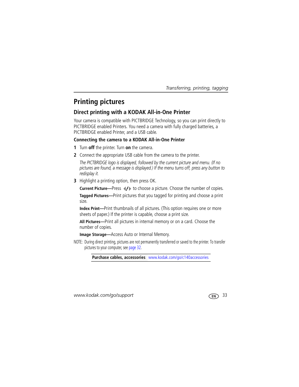 Printing pictures, Direct printing with a kodak all-in-one printer | Kodak EASYSHARE C140 User Manual | Page 39 / 66