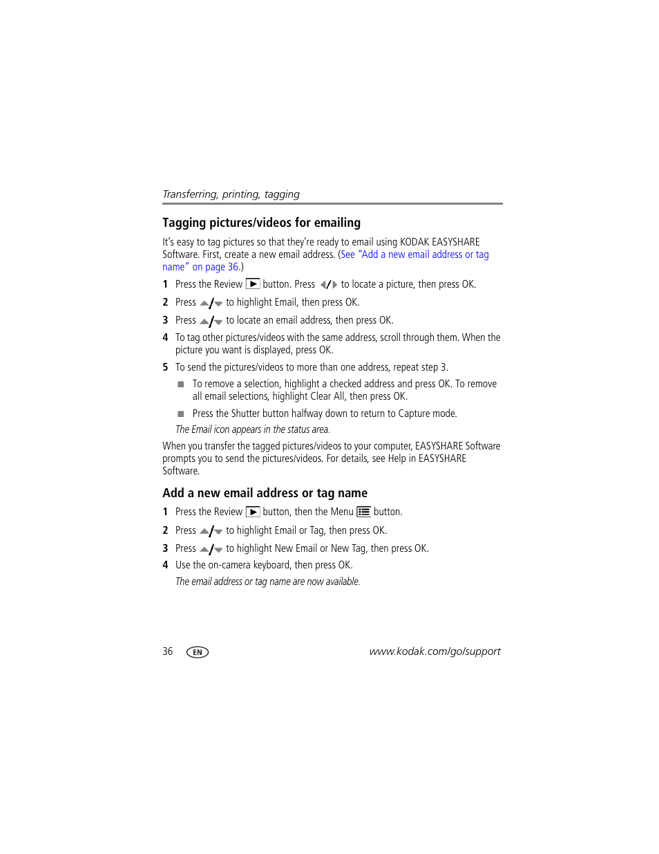 Tagging pictures/videos for emailing, Add a new email address or tag name | Kodak EASYSHARE C140 User Manual | Page 42 / 66