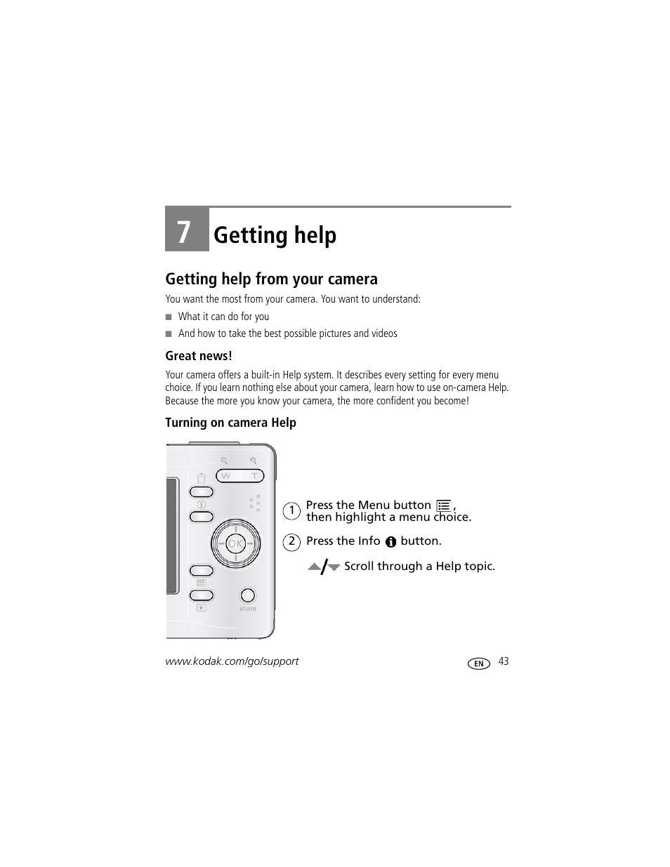 Getting help, Getting help from your camera, Great news | Turning on camera help, 7 getting help, Stem | Kodak EASYSHARE C140 User Manual | Page 49 / 66